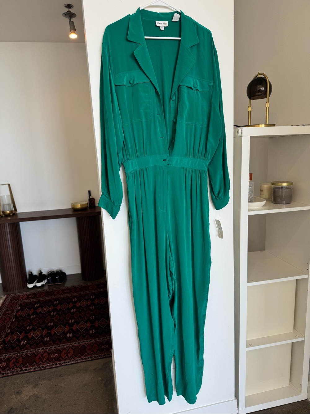 RARE Vintage NWT Richard Lang 100% Silk Emerald Green Boiler Suit Jumpsuit L